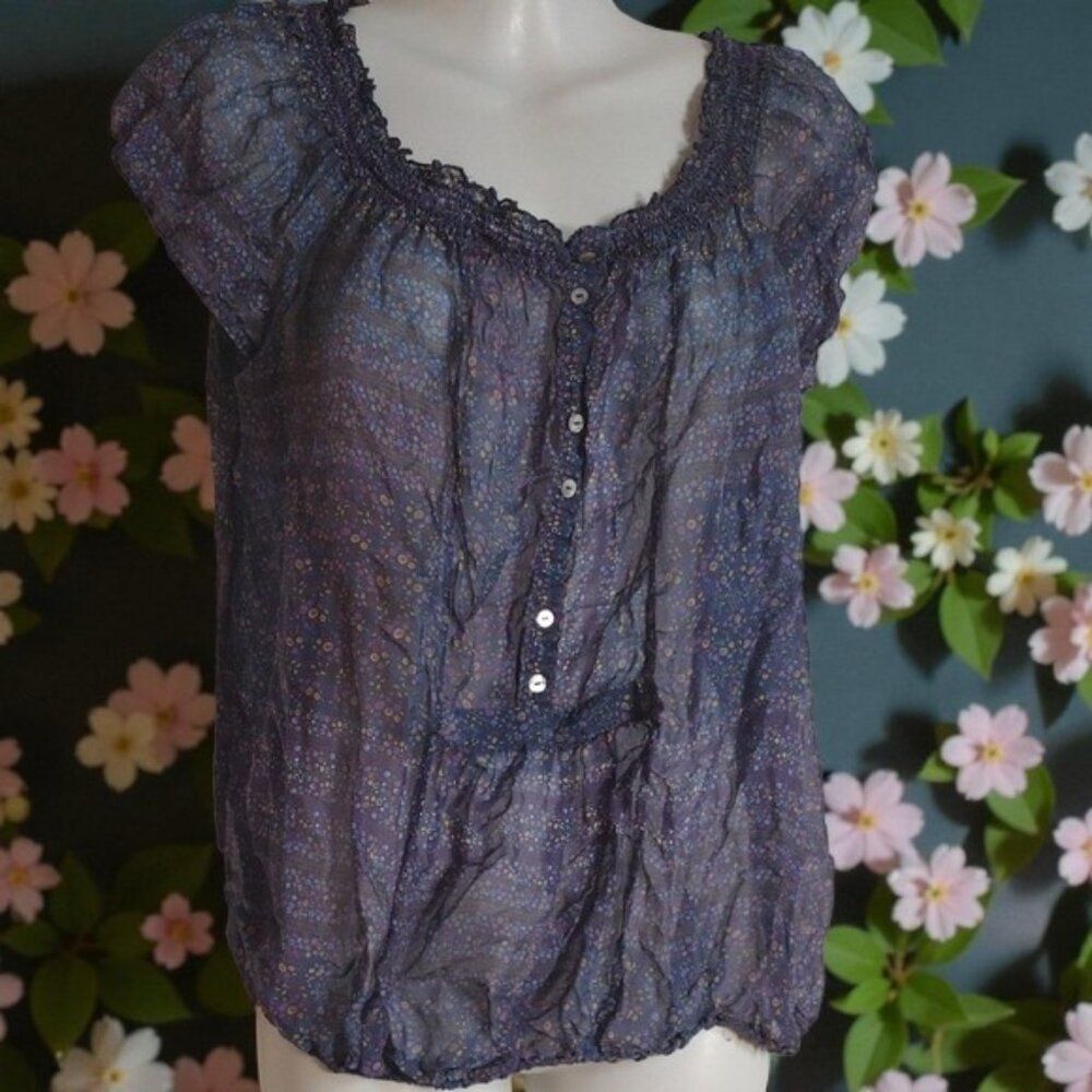 Zara Size Medium Sheer Floral Purple Button-Up Blouse